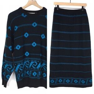 VINTAGE Sweater Set Wool Skirt Oleg Cassini Aztec Southwestern Boho Size Medium